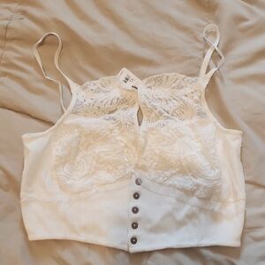 Free People White Lace Crop Top with Button Detail